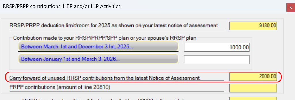 RRSP tool showing $2,000 entered as carryforward of unused RRSP contributions