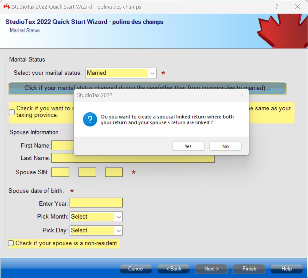 Marital status selection prompt for linked return