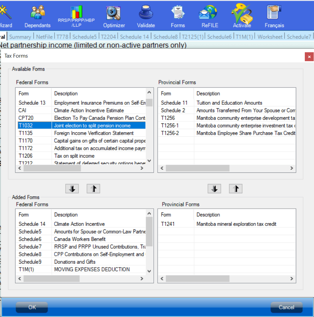 Adding T1032 form from the available forms list