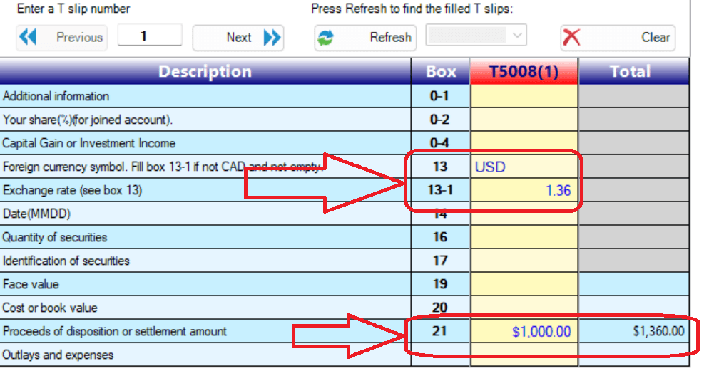 T5008 with exchange rate entered