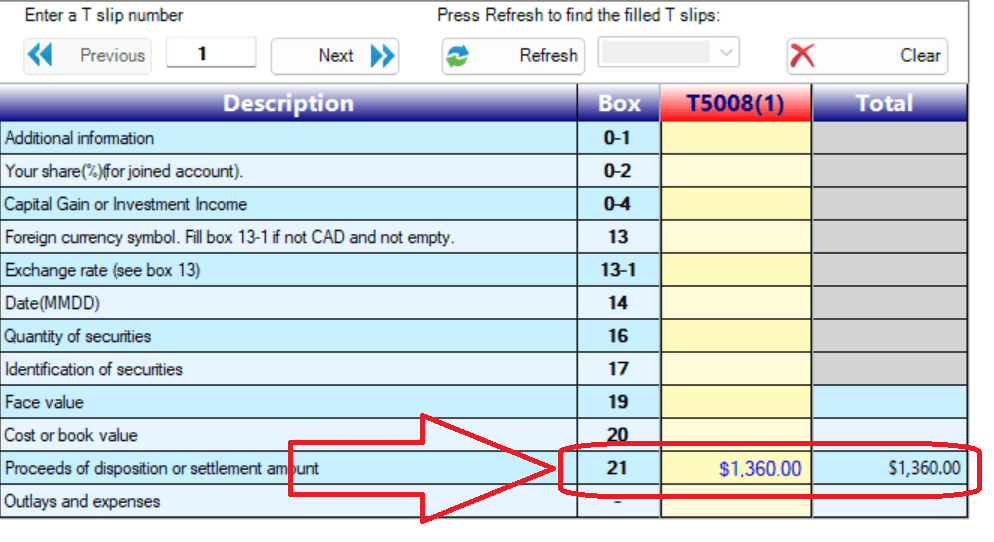 T5008 with amounts entered in CAD
