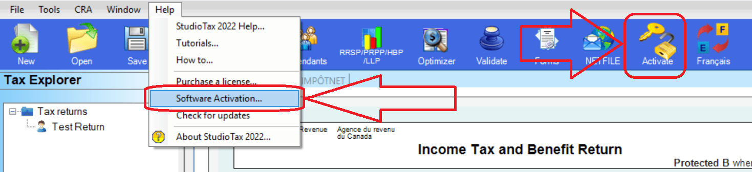 Activation window accessible from the menu or toolbar