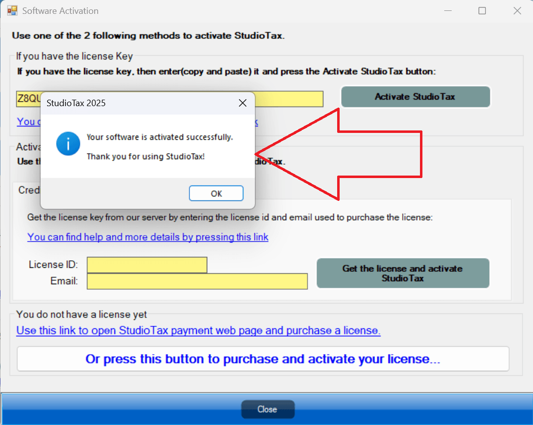 Pop-up confirming successful StudioTax activation
