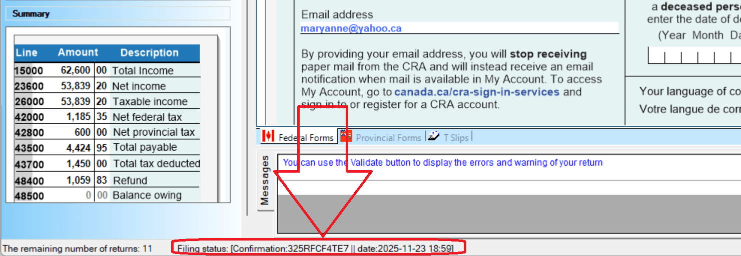 Confirmation number in the status bar