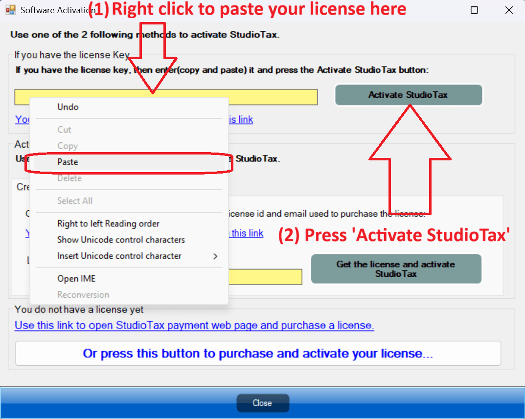 Activation window with license key pasted in
