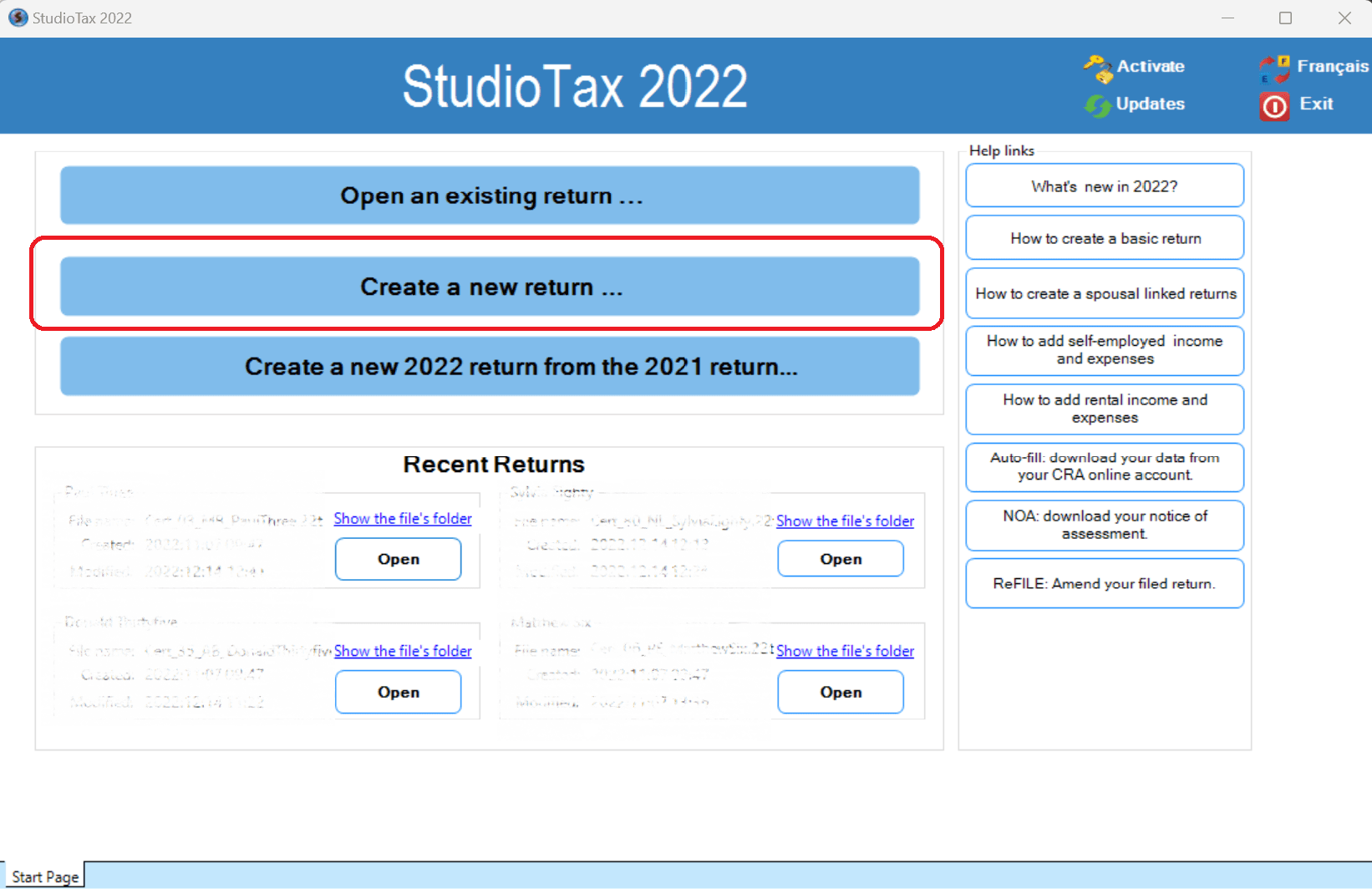 Create new return screen