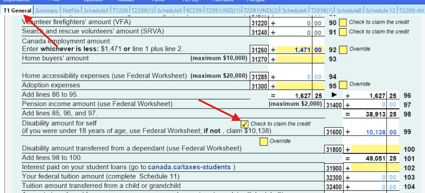 Line 31600 – Disability amount checkbox on the T1 General form