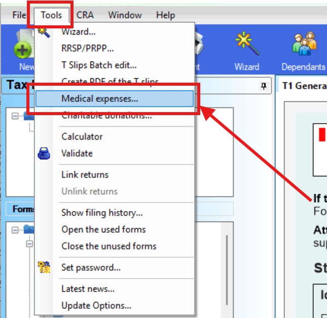 Tools menu showing Medical Expenses option