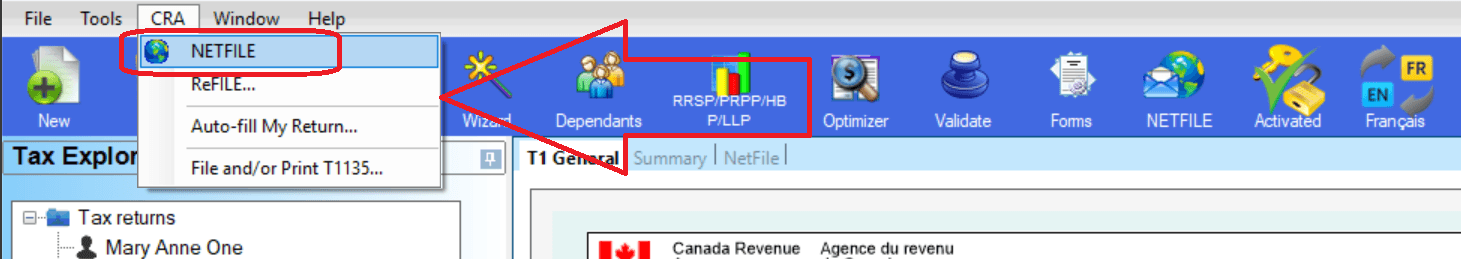 CRA menu with Netfile option