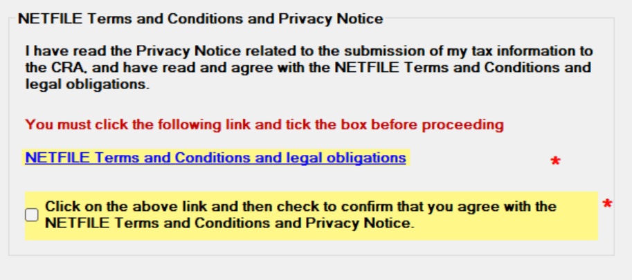 NETFILE terms and conditions step in the StudioTax NETFILE wizard
