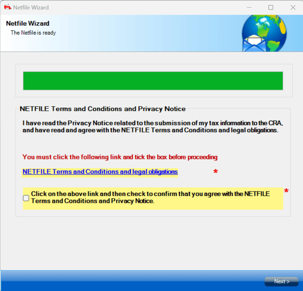 NETFILE terms and conditions checkbox