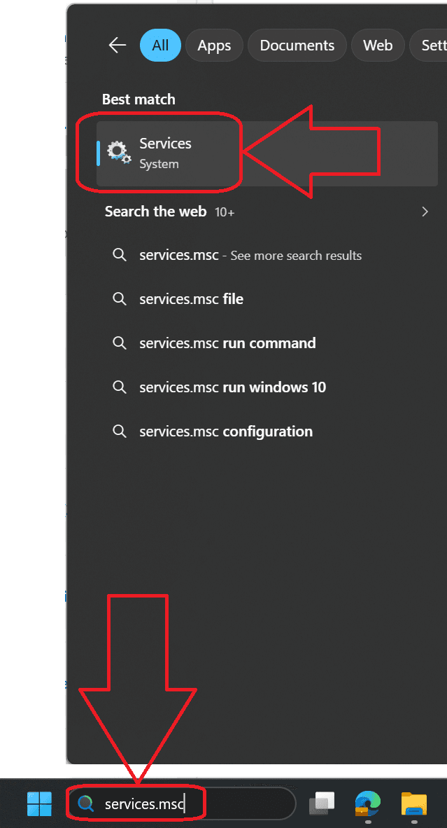 Searching for services.msc in the Windows search bar