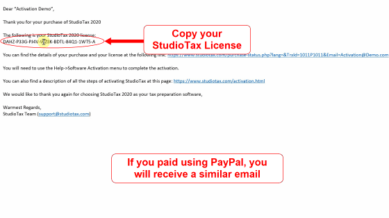 PayPal payment confirmation page with license key