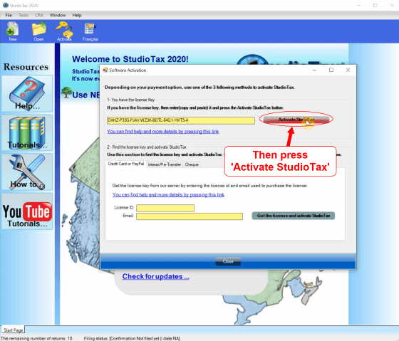 Activation window with license key pasted in