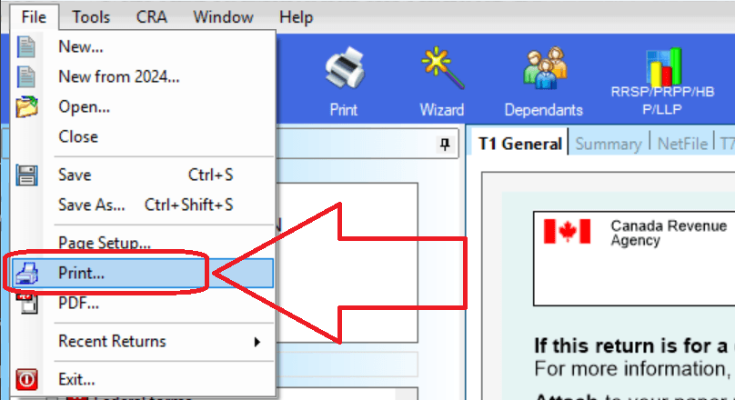 File menu Print Return option