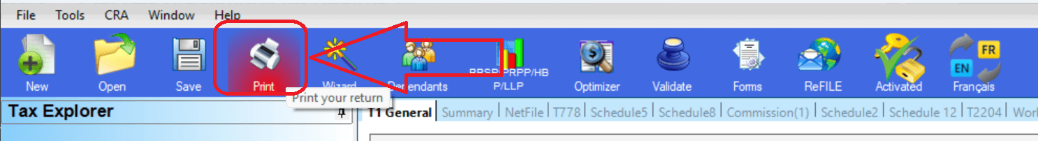 Print button in the toolbar