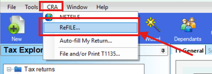 CRA menu showing Refile option
