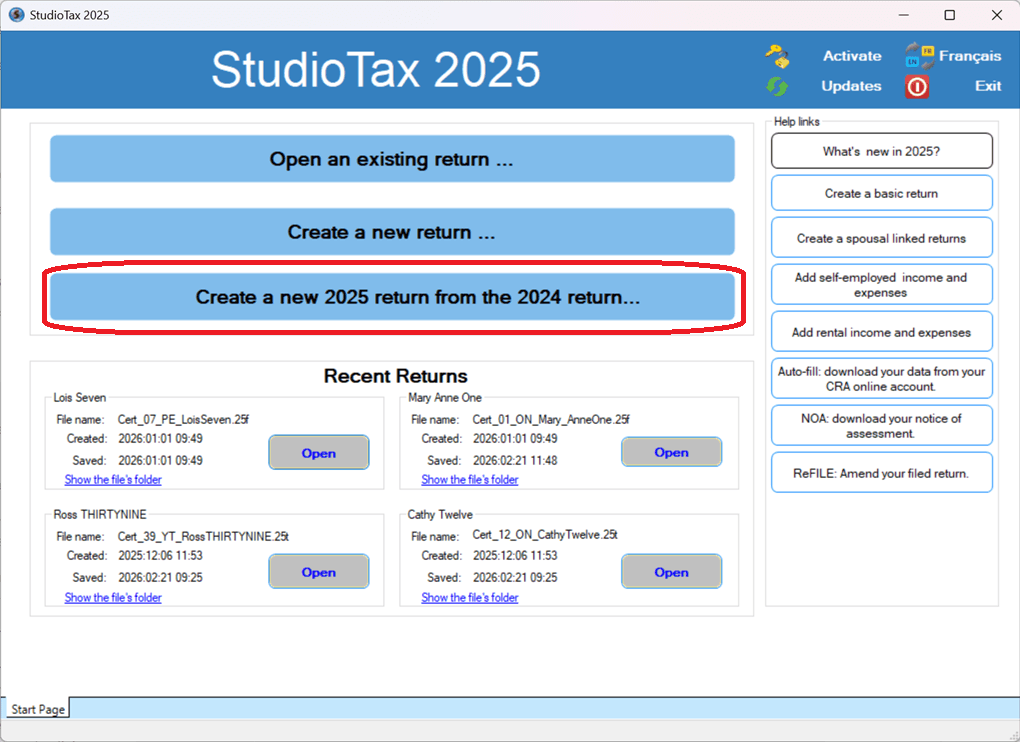 Create new return from previous year screen