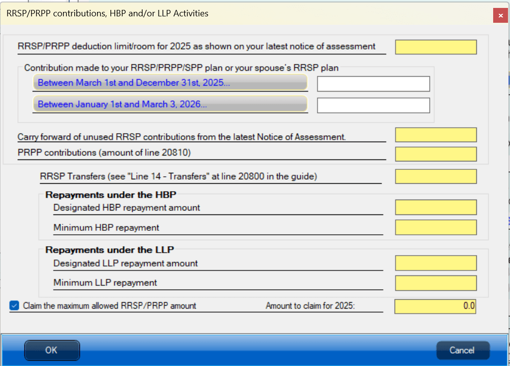 RRSP/PRPP/HBP/LLP window