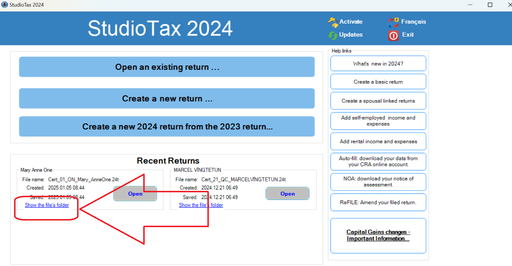 Show file's folder button on the StudioTax welcome page