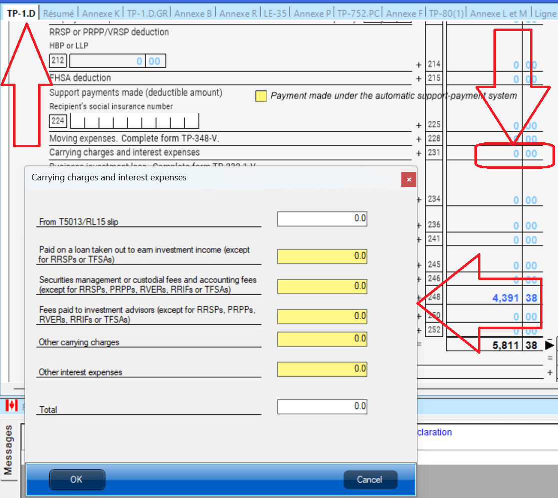 Line 231 – Carrying charges and interest expenses