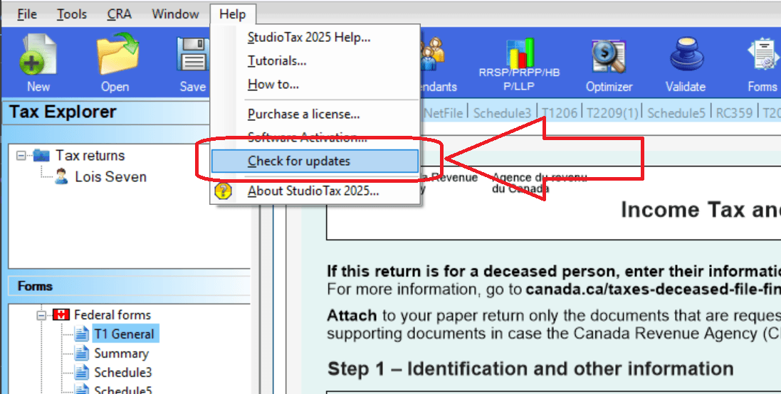 Help menu with Check for Updates option