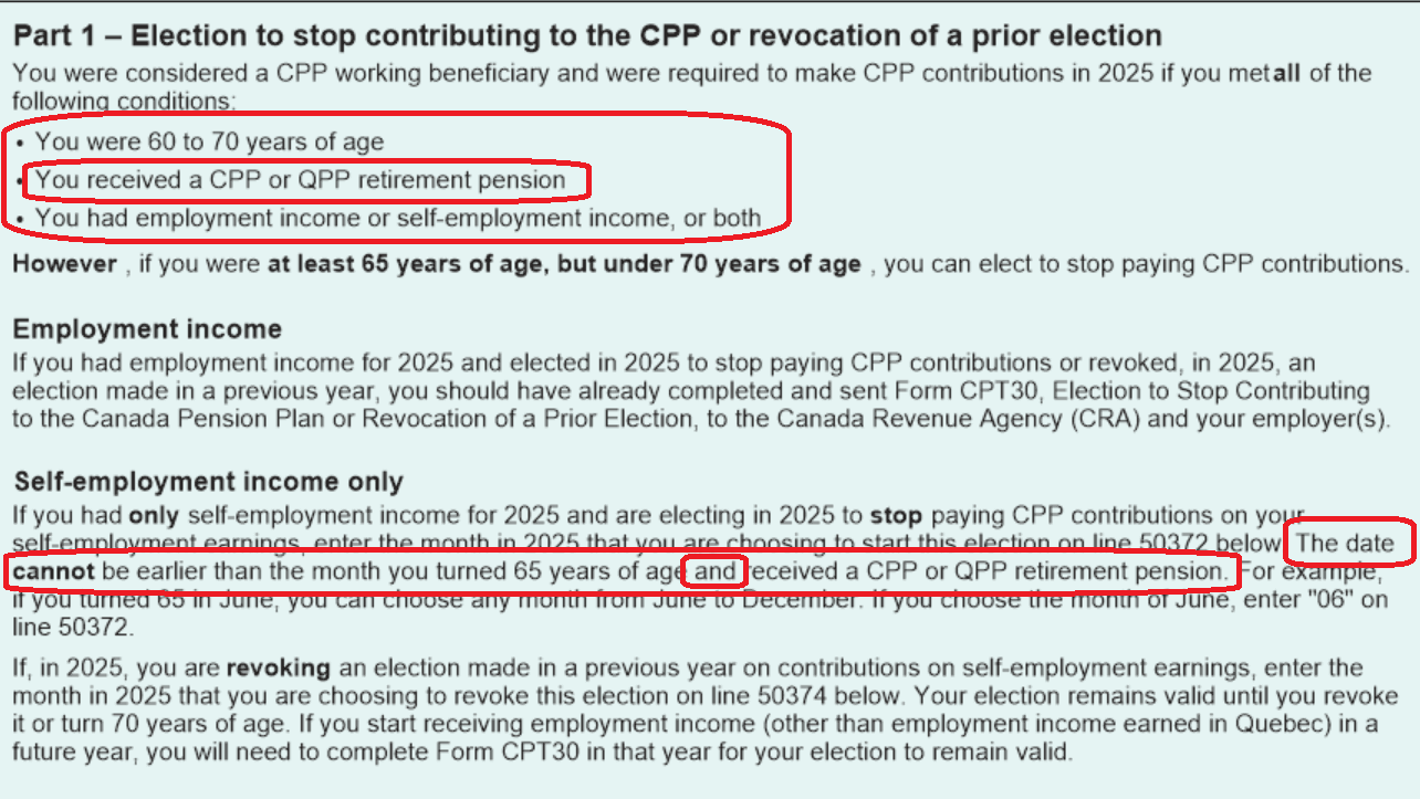 Schedule 8 eligibility instructions for stopping CPP contributions